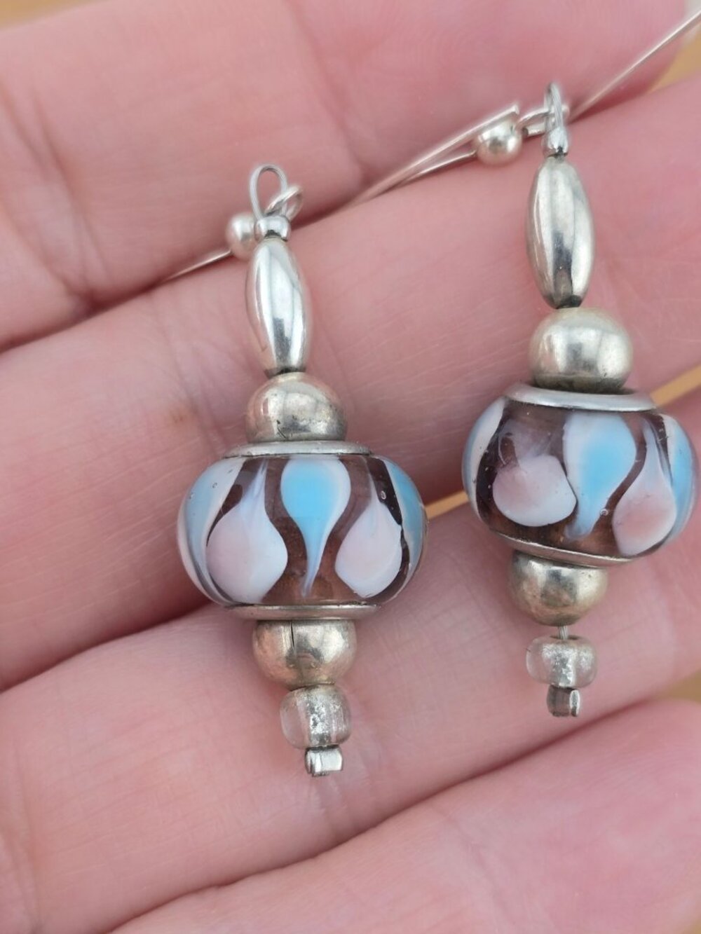 Sterling Silver & Glass Bead Dangle Earrings With Blue Pink Brown Swirl Design